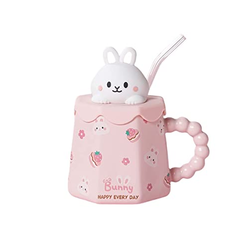 GawmFoiuy Mark Cup with a Straw Animal Print Stuff Gifts 400 ml Ceramic Tea Coffee Cup Kawaii Mugs Funny Animal Mug Rabbit Mug Birthday Gifts for Women Girls Kids Lovers (Pink Hase) von GawmFoiuy