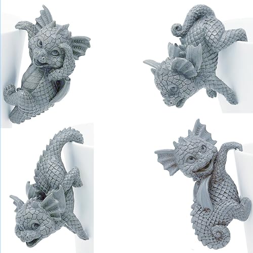 Gaxcent 4 Stück Statue Hängender Dinosaurier, Harz Blumentopf Drachen Figuren Hanging Cup Modell Statuen Tier Büro Schreibtisch Haus Garten Topf Dekoration,Grau von Gaxcent