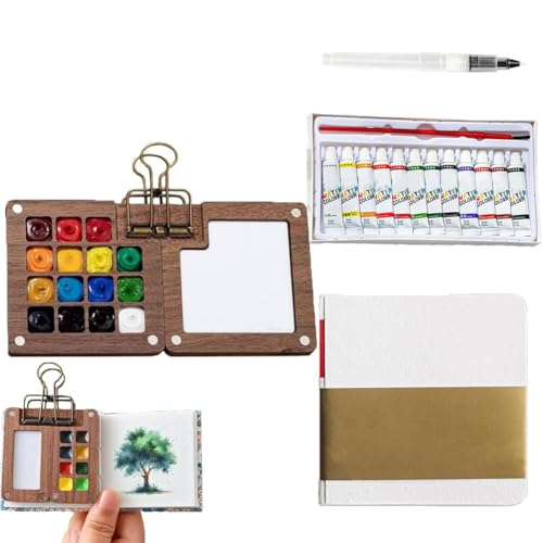 Gaxcent Tobios Watercolour Kit, Tobios Mini Watercolour Kit, Mini Watercolour Paint Set with Clip Brush Pen Sketchbook, 8/15 Grid Drawing Board for Artists Painters Students,Braun von Gaxcent