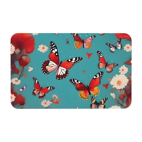 GaxfjRu Badematte mit Motiv Henne fliegende Schmetterlinge unter Blumen Kieselgur Stein Badvorleger Dusche Badezimmerteppich leicht zu reinigen saugfähig Badewannenmatte von GaxfjRu