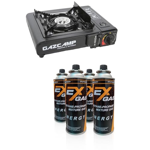 Gazcamp Gaskocher mit Koffer 2,34 kW Set mit MSF-1A Kartusche/n Windschutz Piezozündung Campingkocher Kartuschenkocher Camping Outdoor (8 Set (28x Kartusche)) von Gazcamp