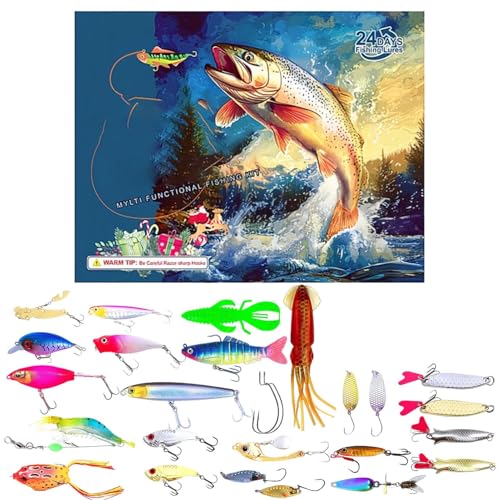 Gazocua Angeln Abenteuer,24 Tage Weihnachtskalender Mit Angelködern - Weihnachtssocken Füllung Angelzubehör Set Für Männer Angler von Gazocua