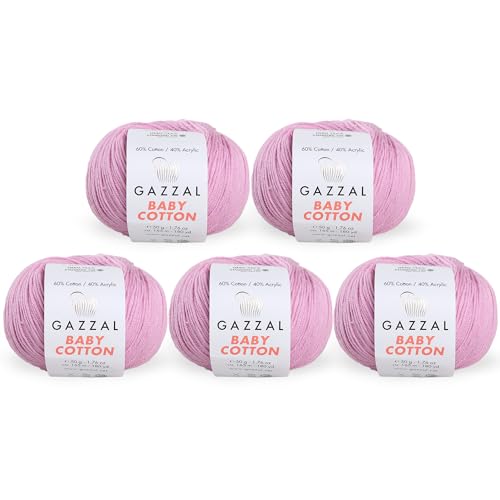 5 Knäuel (Packung) insgesamt 250 g Gazzal Baby Cotton je 50 g / 165 m weiches, feines Babygarn, 60 % Baumwolle (Lilac – 3422) von Gazzal