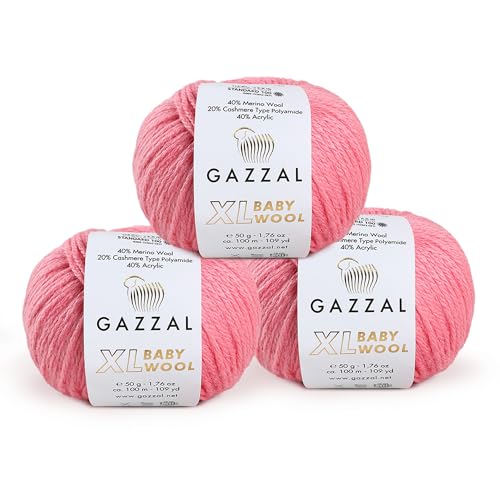 Gazzal Babywolle XL insgesamt 150 g, jeder Knäuel 50 g, 100 m, superweich, mittelkammgarn, 40 % Lana Merino, 20 % Kaschmir, 3 Stück Typ Polyester Amid, Pink - 828 von Gazzal