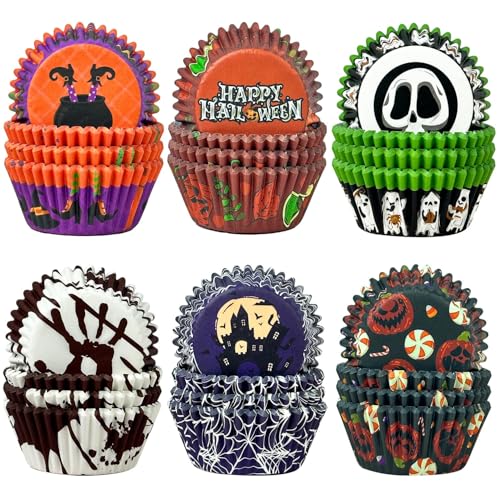 Gcardist Allerheiligen 300 Stück Standard-Muffinförmchen Cupcake-Becher 6 Designs Allerheiligen Hexe Muffinpapier-Backförmchen Cupcake-Hüllen (Standardgröße) von Gcardist