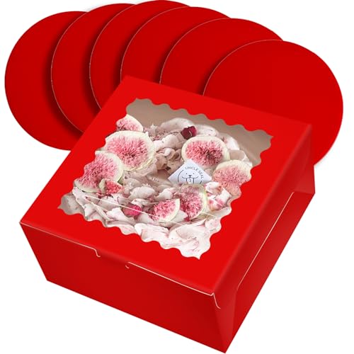 Gcardist Kuchenbox, 25,4 x 25,4 x 12,7 cm, 5 Sets rote Kuchenboxen mit Fenster und 5 Sets 25,4 cm runde Kuchenbretter, Kuchenbehälter (25,4 x 25,4 x 13 cm) von Gcardist