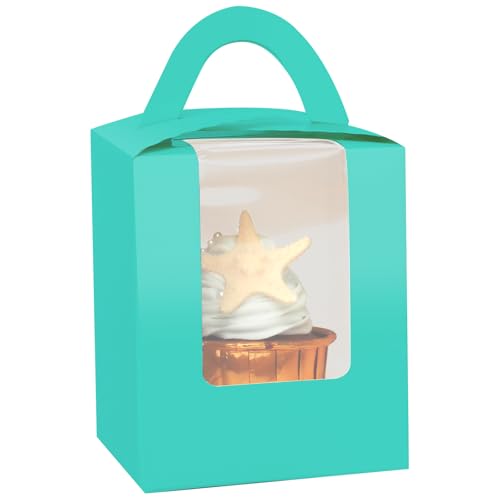 Gcardist Minz Blau Cupcake-Boxen einzelne Cupcake-Halter Einweg 25pcs einzelne Cupcake-Boxen mit Fenster 9,3x9,3x11cm Cupcake-Behälter(3,7x3,7x4,5 Inch) von Gcardist