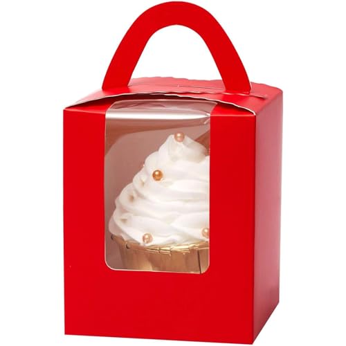 Gcardist Rot Cupcake-Boxen einzelne Cupcake-Halter Einweg 25pcs einzelne Cupcake-Boxen mit Fenster 9,3x9,3x11cm Cupcake-Behälter(3,7x3,7x4,5 Inch) von Gcardist