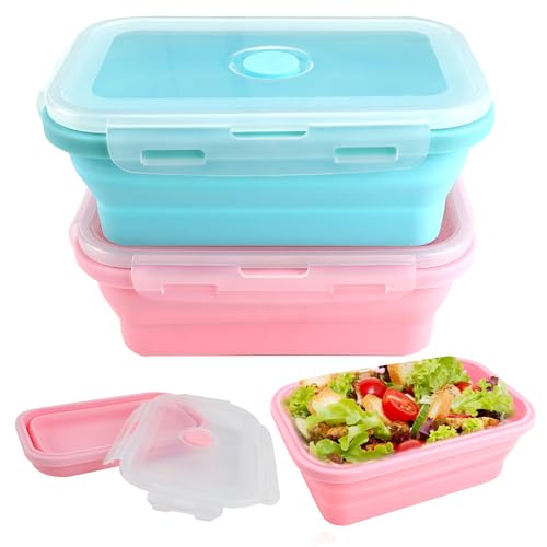 Gcffom Faltbare Frischhalteboxen, 2 Stück Faltbare Brotdose mit Deckel, 800 ML Faltbare Lunchbox, Faltbare Dose Silikon Geeignet für Camping Picknick Büro Küche (Blau+Rosa) von Gcffom