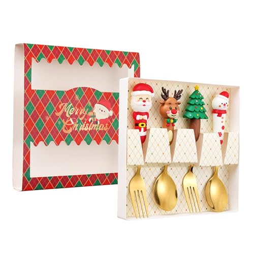 Gcljlmy 4-teiliges Weihnachtslöffel- und Gabel-Set, Weihnachtsgeschirr, Weihnachtsdekoration, Weihnachtsbesteck, Teelöffel, Dessertlöffel für Dessert (Goldrote Box) von Gcljlmy