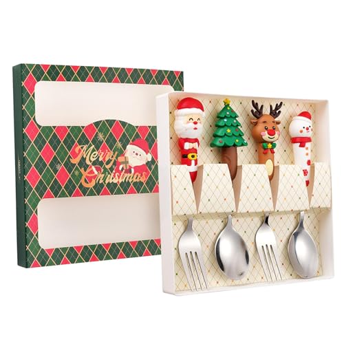 Gcljlmy 4-teiliges Weihnachtslöffel- und Gabel-Set, Weihnachtsgeschirr, Weihnachtsdekoration, Weihnachtsbesteck, Teelöffel, Dessertlöffel für Dessert (Silbrig-grüne Box) von Gcljlmy