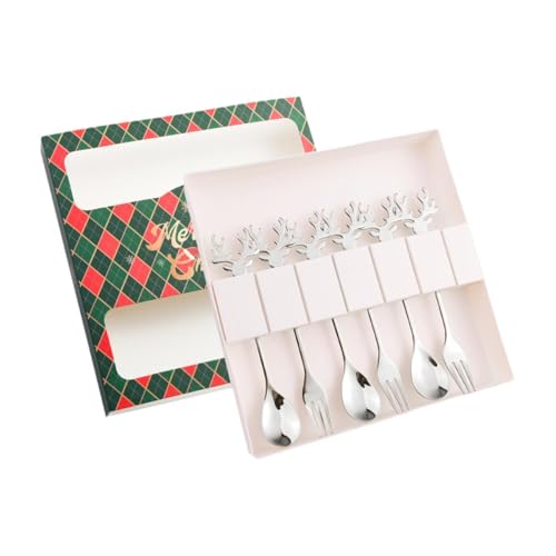 Gcljlmy 6-teiliges Weihnachtslöffel-Gabel-Set, Besteck, Dessertgabeln und -löffel, Besteck, Edelstahl für Teeparty, Zuhause, Kuchen, Geschenk (Goldrote Box) von Gcljlmy