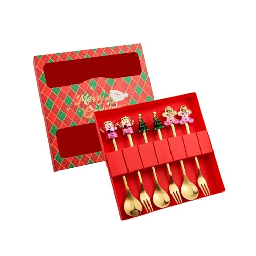 Gcljlmy Weihnachtsfiguren-Löffel und Gabeln, Besteck, Dessert, leicht zu reinigen, Weihnachtsbesteck-Set, Geschirr für den täglichen Gebrauch, Hochzeit, Küche (Gemischte Rote Box) von Gcljlmy