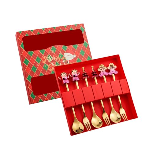 Gcljlmy Weihnachtsfiguren-Löffel und Gabeln, Besteck, Dessert, leicht zu reinigen, Weihnachtsbesteck-Set, Geschirr für den täglichen Gebrauch, Hochzeit, Küche (Lila-rote Box) von Gcljlmy