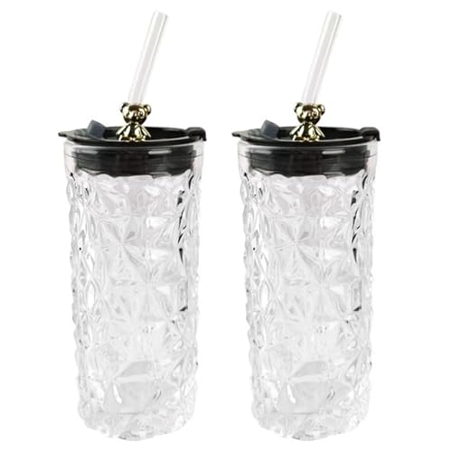 2 Set Glasbecher mit Deckel und Strohhalmen 13, 5 Unzen Glas Becher Hitzebeständiges Eced Coffee Tasse Diamant Design Trinkgläser wiederverwendbares klare Biergläser mit Bärencharme Stroh.. von Gcroet