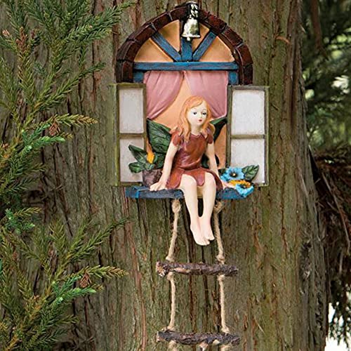 Fairy Haus mit Leiter Hanging Tree Skulptur - Außen Baum Statue - wunderliche Handgemalte Polyresin Garten-Dekoration, Gartenzwerg Statue, Harz Gartenfiguren, hängende Dekoration von Gcroet