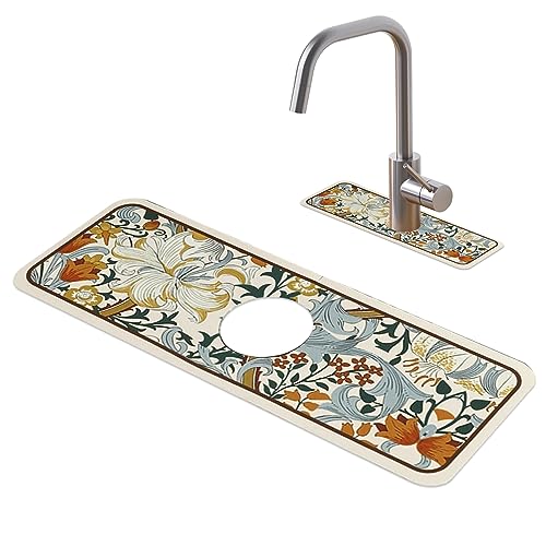 Gcroet Waschbecken Matte Silikon Wasserhahn Matte SpüLbecken Matte Spüle Splash Guard Super Saugfente Entlassungsmatte Küche Splash Matte Spüle Matte Wasserhahn Matte Nicht-Rutsch Vintage Blumendruck von Gcroet