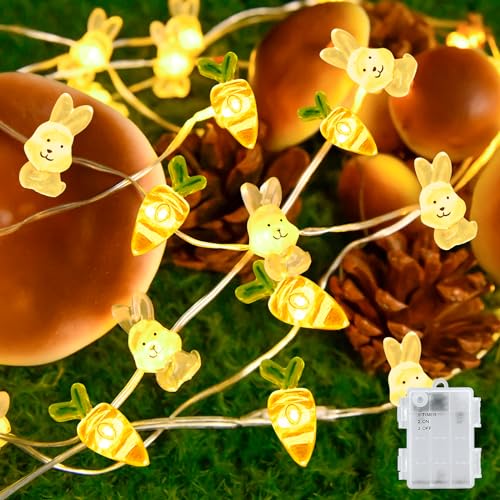 Gcstnn Lichterkette Ostern Batterie, 2M 20LED Hase Karotte Lichter mit 6h Timer, IP65 Wasserdicht Ostern Geschenk Lichter für Kinder Schlafzimmer Party Innen Außen Oster Deko-Warmweiß von Gcstnn