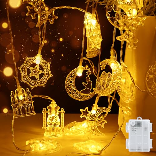 Gcstnn Ramadan Eid Dekorationen Lichterkette, 1.5M 10LEDs Mubarak Islam Batteriebetrieben Stern Mond Lichterketten mit Timer IP65 Wasserdicht, für Ramadan Eid Party Home Garten Innen Außen-Kunststoff von Gcstnn