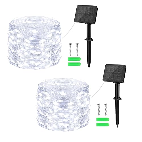 Gcstnn Solar Lichterkette Aussen, 2x10M 100 LED Solar Lichterkette Kupferdraht 8 Modi Timer IP65 Wetterfest für Hof,Weihnachtsbaum,Garten,Schlafzimmer,Balkon,Innen/Außen Dekorationen (Kaltesweiß) von Gcstnn