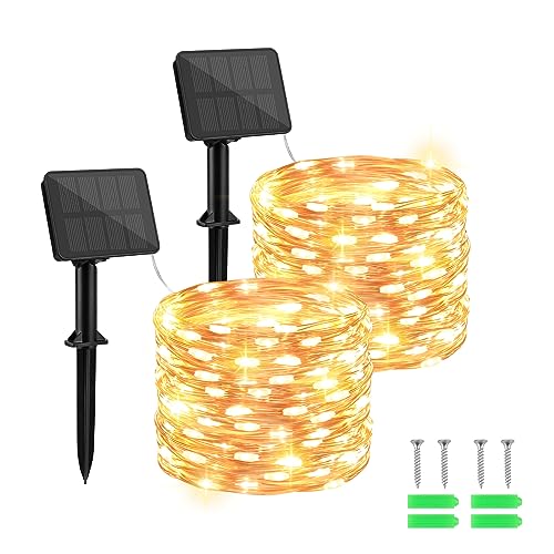 Gcstnn Solar Lichterkette Aussen, 2x10M 100 LED Solar Lichterkette Kupferdraht 8 Modi Timer IP65 Wetterfest für Hof,Weihnachtsbaum,Garten,Schlafzimmer,Balkon,Tor Innen/Außen Dekorationen (Warmweiß) von Gcstnn