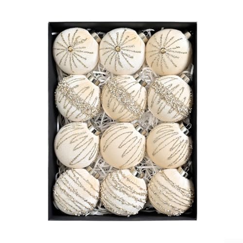 12 Stück 8 cm beflockte Samt-Weihnachtskugel-Ornament-Set – hochwertiger Kunststoff Weihnachtsbaumschmuck mit Clips für Urlaubsdekoration (beige) von Gdfnmogo