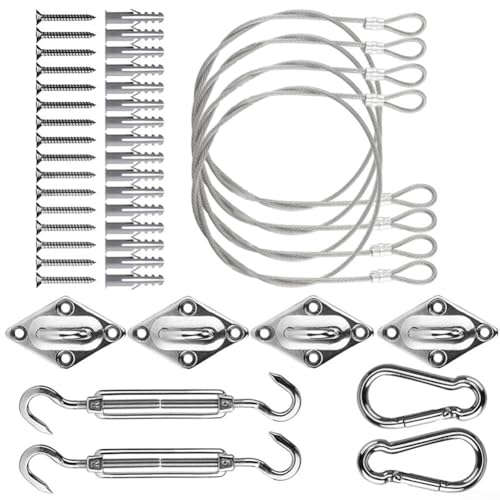 Gdfnmogo 44-teiliges Sonnensegel-Hardware-Kit mit 5 mm Spannschlössern aus 304 Edelstahl, Karabinerhaken, Pad-Ösen, Schrauben und 1,5 m Stahldrahtseilen für dreieckig oder rechteckig von Gdfnmogo