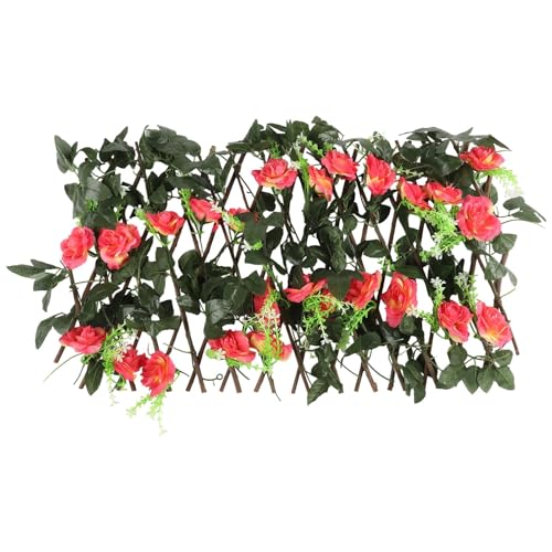 Gdfnmogo Einziehbares hölzernes Rankgitter für den Garten, mit künstlichen Blumen, Sichtschutz, erweiterbare Zaunplatte, für Balkon, Hof, Wanddekoration (dunkelrosa) von Gdfnmogo