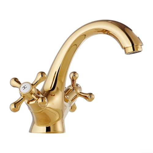 Gdfnmogo Waschbeckenarmatur, Vintage-Doppelgriff-Drehgelenk, Heiß-Kalt-Mischarmatur für Badezimmer, Messing-Konstruktion, einfache Installation, Küchenspüle Wasserhahn (Gold) von Gdfnmogo