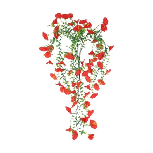 Künstliche Morning Glory Hängeranke, mit Eukalyptusblättern, für drinnen und draußen, dekorative Seidenblumen, für Wand, Tür, Zaun, Party, Heimdekoration, 75 cm lang (rot) von Gdfnmogo