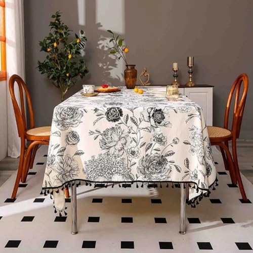 Schöne Baumwoll-Leinen-Tischdecke mit Pfingstrosen-Blumenmuster und einzigartigen Quasten-Akzenten für Versammlungen (60 x 150 cm) von Gdfnmogo