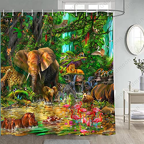 Gdmoon Duschvorhang mit Dschungeltier-Motiv, tropischer Wald, Elefant, Löwe, Flamingo, Duschvorhang, Giraffe, Zebra, Affe, Leopard, Badezimmer-Vorhänge-Set mit 12 Haken, 183 x 183 cm YLWHGD546 von Gdmoon
