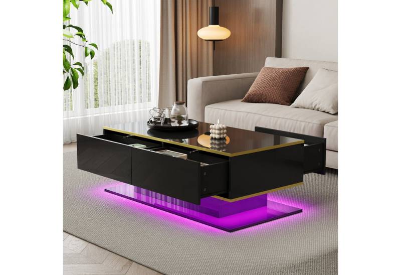 Gdood Couchtisch Ablagetisch LED Beistelltisch Breite 110 cm (Hochglänzender quadratischer), Modern, Mit LED-Beleuchtung, drei Schubladen und einem offenen Fach von Gdood