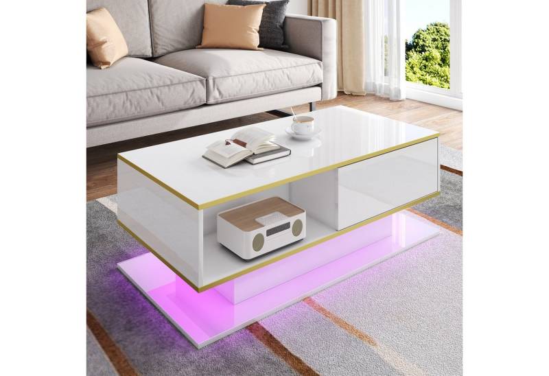 Gdood Couchtisch Ablagetisch LED Beistelltisch Breite 110 cm (Hochglänzender quadratischer), Modern, Mit LED-Beleuchtung, drei Schubladen und einem offenen Fach von Gdood