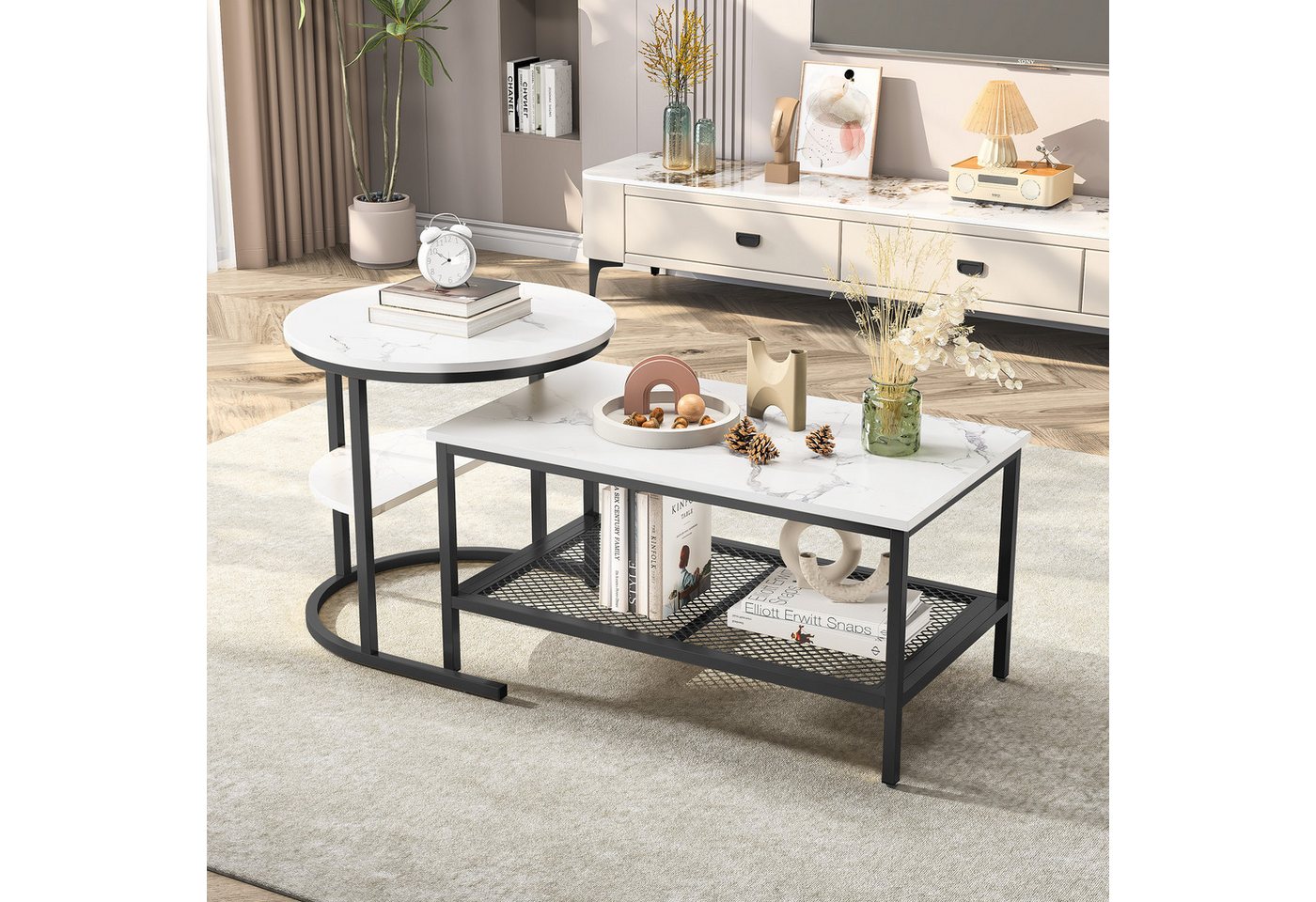 Gdood Couchtisch Kaffeetisch Beistelltisch Satztische 2er Set, Große Werbung (2-St., 80x46x41cm+Ø52x51cm), Mit Marmormuster Tischplatte,Quadrat + Rund von Gdood