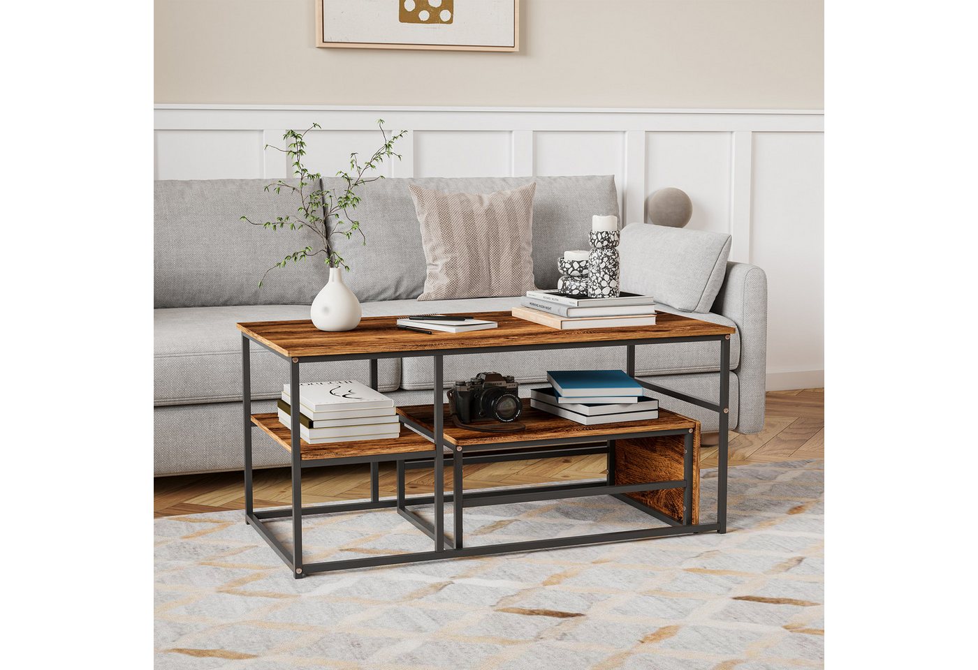 Gdood Couchtisch Rechteck Satztisch Beistelltisch stapelbarer Sofatisch (2-St., Ideal für Wohnzimmer & Büro, Platzsparendes stapelbares Design), Mit Holzmaserung Tischplatte, 105 x 52 x 48.5 cm + 60 x 45 x 28 cm von Gdood