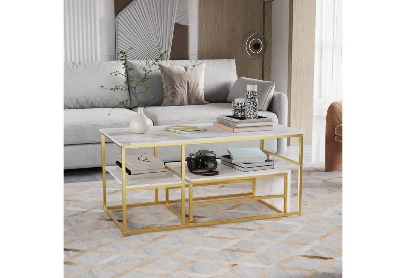 Gdood Couchtisch Rechteck Satztisch Beistelltisch stapelbarer Sofatisch (2-St., Ideal für Wohnzimmer & Büro, Platzsparendes stapelbares Design), Mit Marmormuster Tischplatte, 105 x 52 x 48.5 cm + 60 x 45 x 28 cm von Gdood