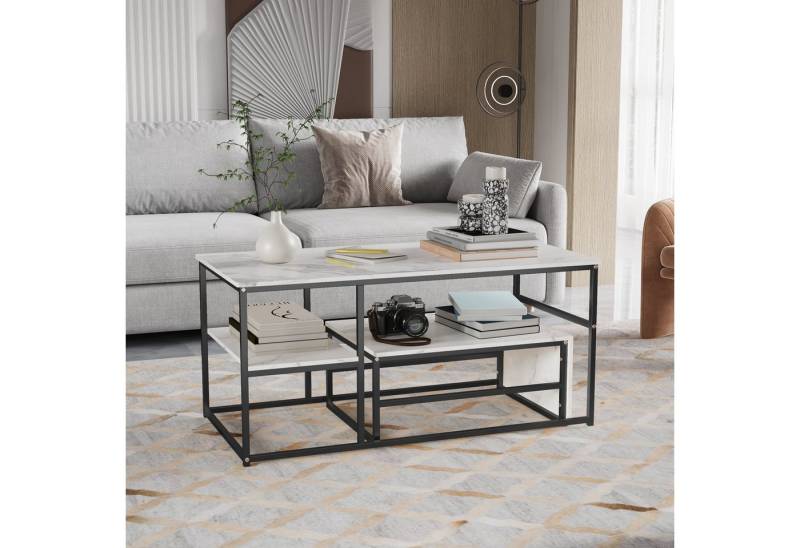 Gdood Couchtisch Rechteck Satztisch Beistelltisch stapelbarer Sofatisch (2-St., Ideal für Wohnzimmer & Büro, Platzsparendes stapelbares Design), Mit Marmormuster Tischplatte, 105 x 52 x 48.5 cm + 60 x 45 x 28 cm von Gdood