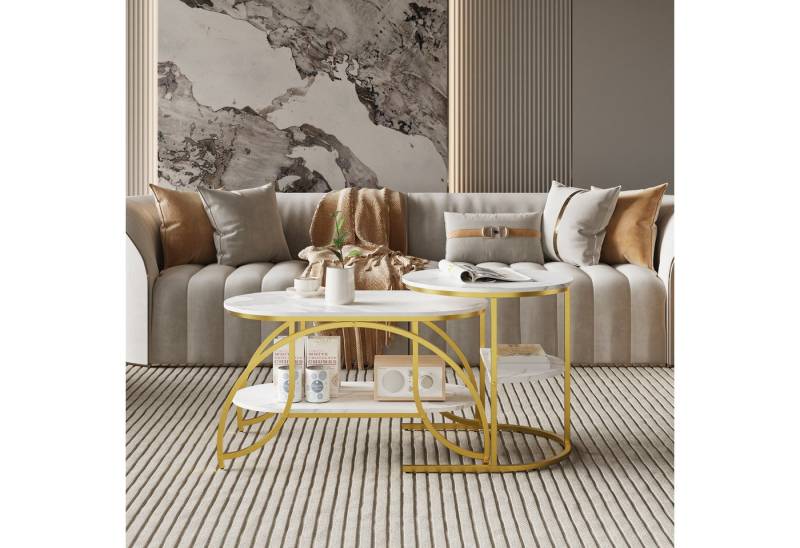 Gdood Couchtisch Rund Kaffeetisch Beistelltisch Satztische 2er Set (2-St., Ideal für Wohnzimmer & Büro, Platzsparendes stapelbares Design), Mit Marmormuster Tischplatte, 80 x 46 x 45 cm + 52 x 51 cm von Gdood