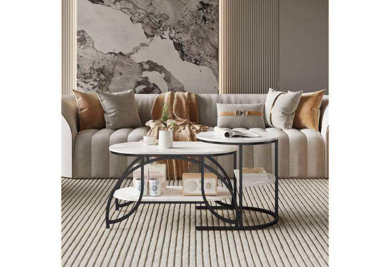 Gdood Couchtisch Rund Kaffeetisch Beistelltisch Satztische 2er Set (2-St., Ideal für Wohnzimmer & Büro, Platzsparendes stapelbares Design), Mit Marmormuster Tischplatte, 80 x 46 x 45 cm + 52 x 51 cm von Gdood