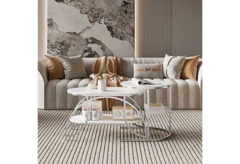 Gdood Couchtisch Rund Kaffeetisch Beistelltisch Satztische 2er Set (2-St., Ideal für Wohnzimmer & Büro, Platzsparendes stapelbares Design), Mit Marmormuster Tischplatte, 80 x 46 x 45 cm + 52 x 51 cm von Gdood