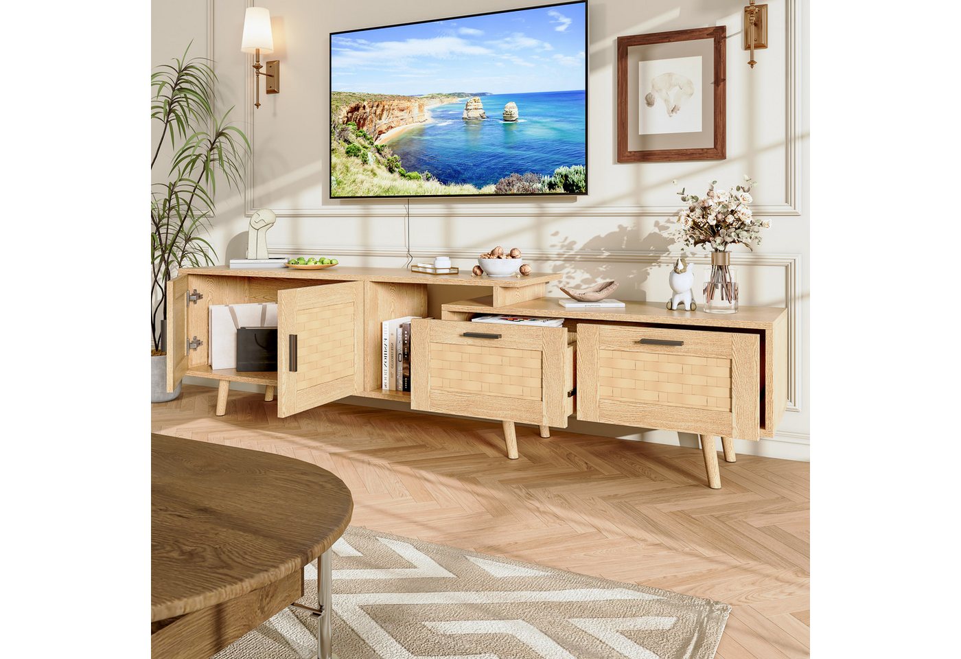 Gdood Lowboard TV-Schrank Fernsehschrank für Bambuslamellen, Zwei Schubladen (1 St), Fernseher bis zu 80 Zoll, bis 80 kg belastbar, Modernes Design von Gdood