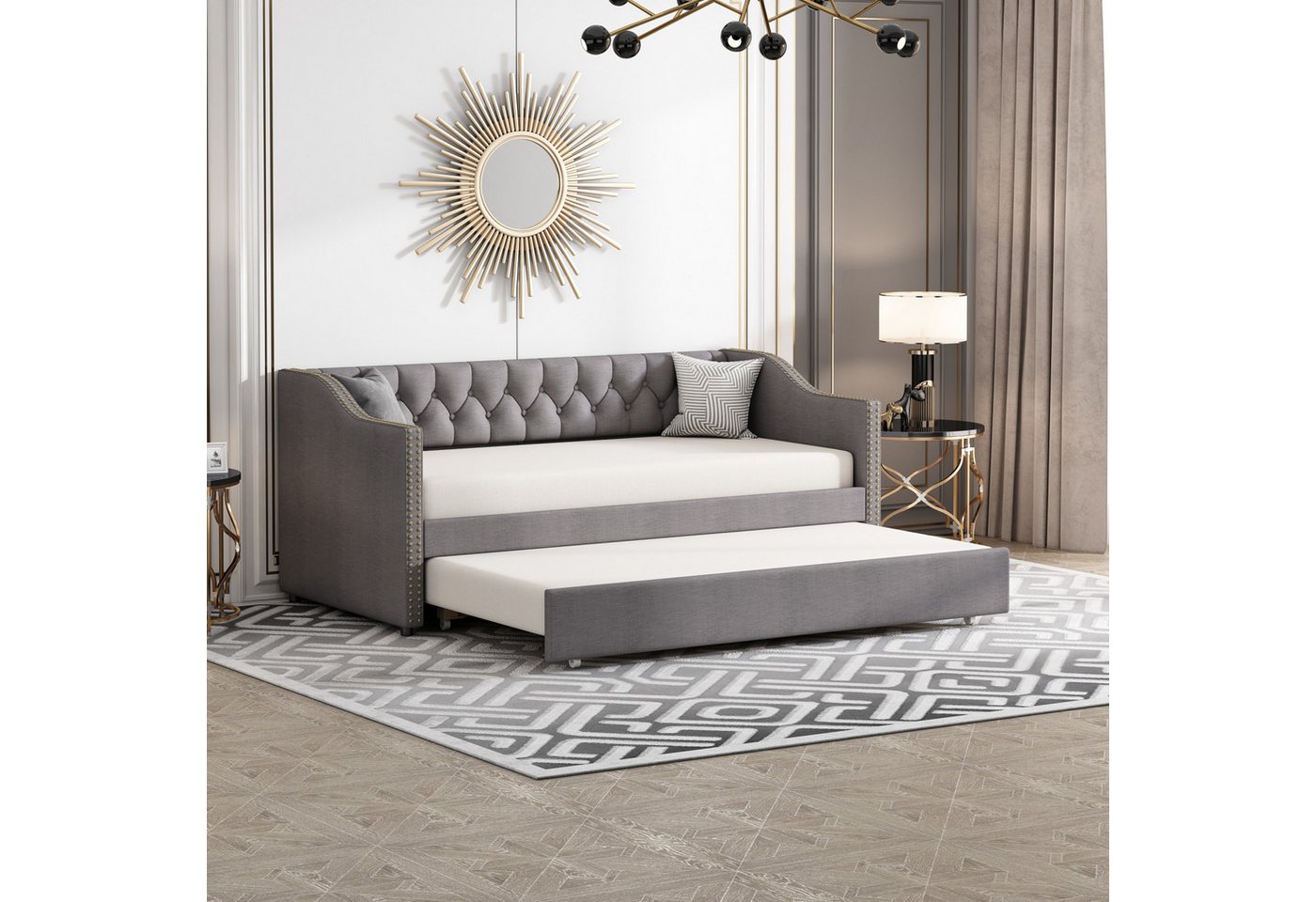 Gdood Polsterbett Daybett Tagesbett Ausziehbett (Schlafsofa), Mit Unterbett,90x200cm,Lattenrost,Leinen von Gdood