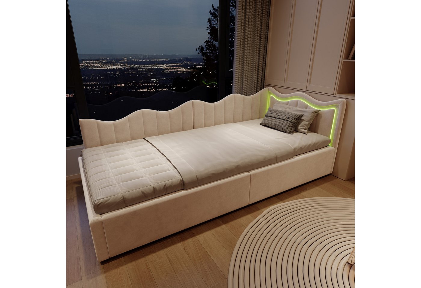 Gdood Polsterbett Doppelbett Daybett Tagesbett (Hydraulisch hebbarer Stauraum, Geeignet für Jungen und Mädchen), Mit LED-Beleuchtung, Lattenrost, Samt, 90x200 cm von Gdood