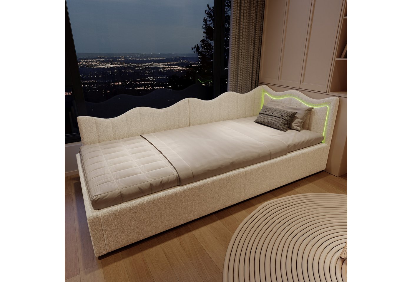 Gdood Polsterbett Doppelbett Daybett Tagesbett (Hydraulisch hebbarer Stauraum, Geeignet für Jungen und Mädchen), Mit LED-Beleuchtung, Lattenrost, TeddySamt, 90x200 cm von Gdood