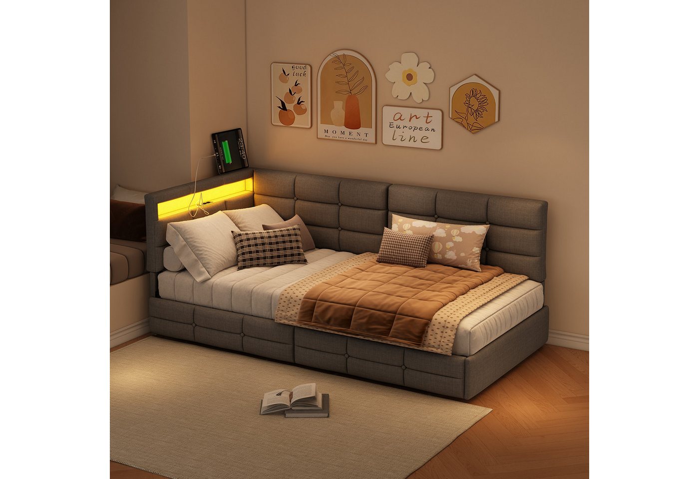 Gdood Polsterbett Doppelbett Daybett Tagesbett (Mit Steckdose & USB & TYPE-C, Geeignet für Jungen und Mädchen), Mit LED-Beleuchtung, Lattenrost, Ladefunktion, Leinen, 90x200 cm von Gdood
