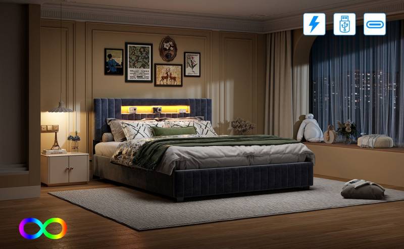 Gdood Polsterbett Doppelbett LED Stauraumbett (1-tlg., Ausgestattet mit hydraulischem Bettkasten), Mit LED Beleuchtung, Lattenrost, Samt, 160x200 cm von Gdood