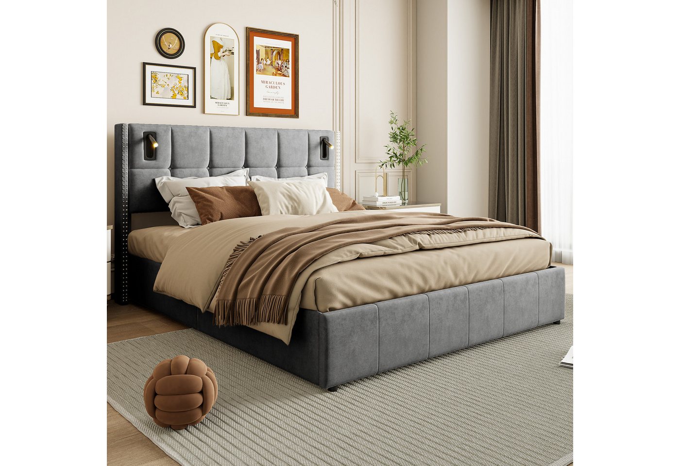 Gdood Polsterbett Doppelbett Stauraumbett, Mit Leselampe (Hydraulisch anhebbarer Bettstauraum), Multifunktionsbett, Mit USB + TYPE-C, Lattenrost, Samt, 140x200 cm von Gdood