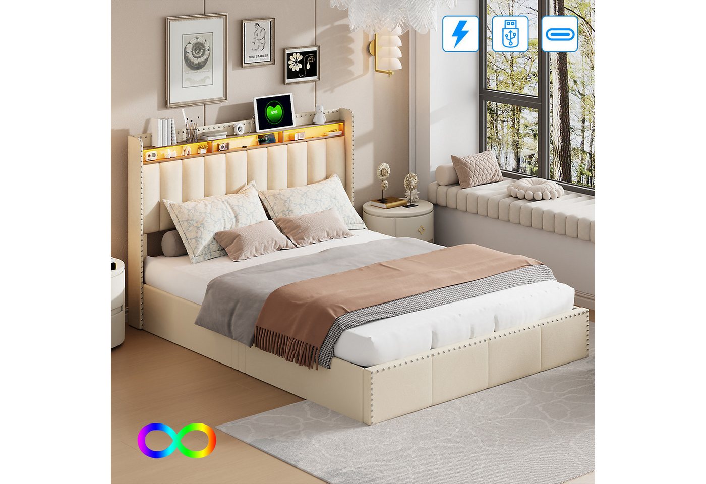 Gdood Polsterbett Doppelbett Stauraumbett LED, Samtstoff (1-tlg., Hydraulisch hebbarem Stauraum), Mit LED-Beleuchtung, Ladeanschluss, Lattenrost, 160x200 cm von Gdood