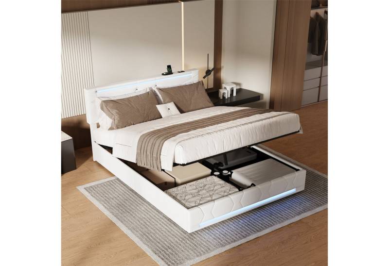 Gdood Polsterbett Doppelbett mit LED Licht 140x200cm,Hydraulisch anhebbarer Stauraumbett (1-tlg., Mit Lattenrost und Ladefunktion, Leinenmaterial Polsterbett), Modernes Jugendbett, Leises Design Bett, Max. Belastbarkeit 350 kg von Gdood
